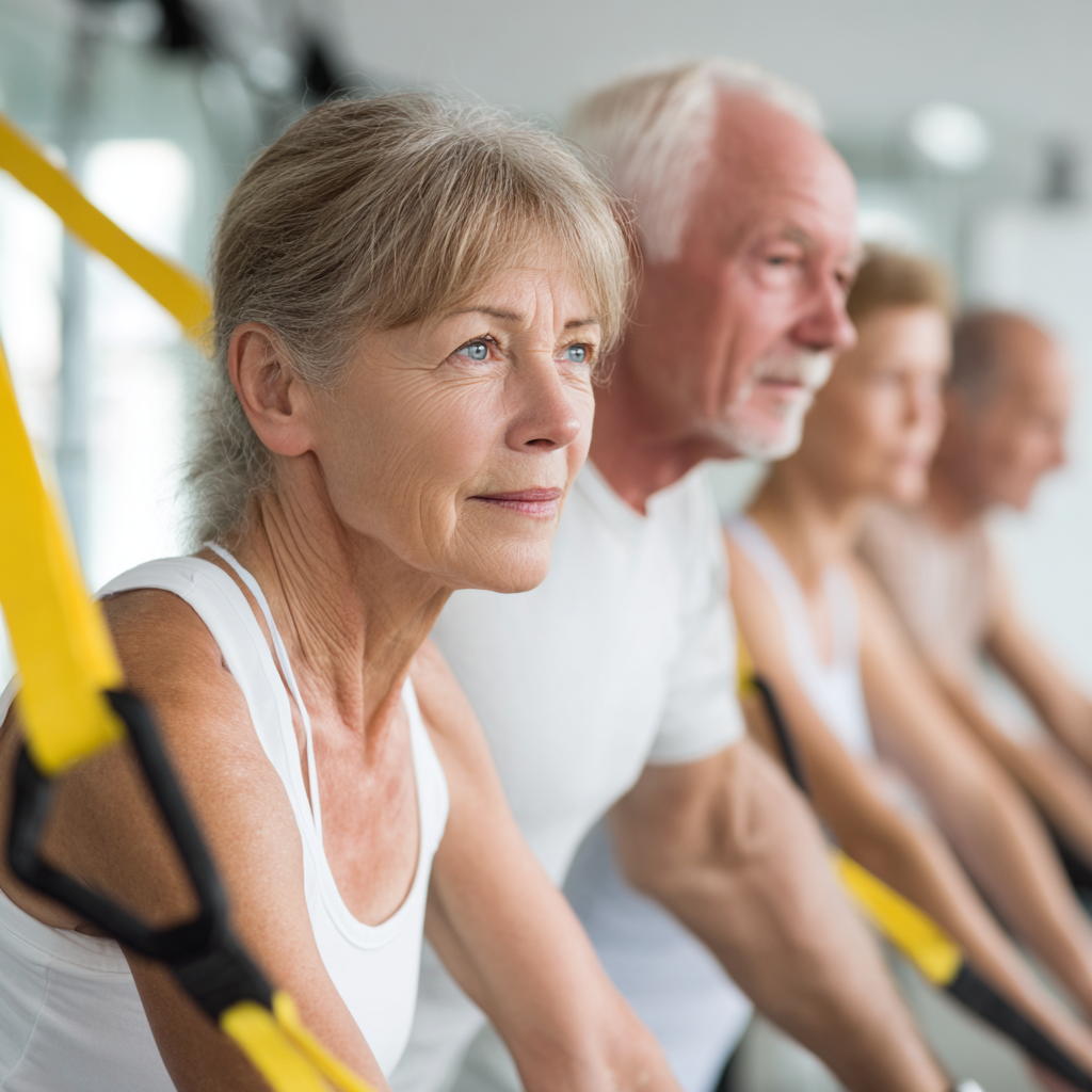 Group of mature adults enjoying functional training together in bright studio