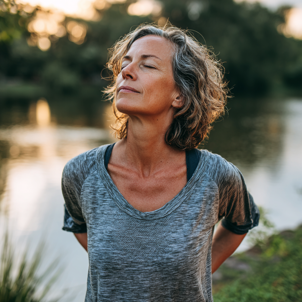 Middle-aged woman practicing mindful stretching in peaceful natural environment